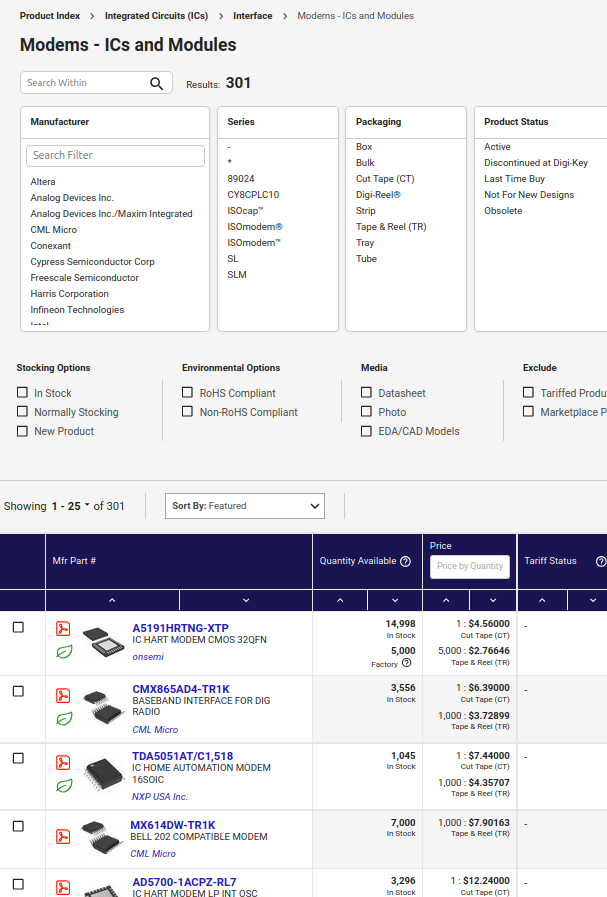 The modems section of DigiKey's catalog