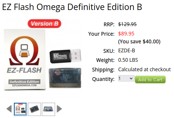 EZ-FLASH Omega Definitive Edition B listing showing a price of $89.95